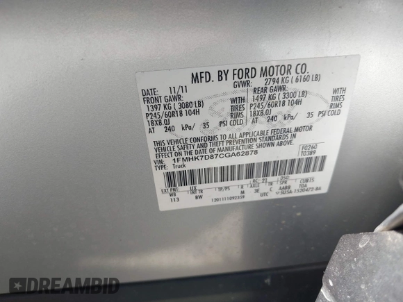 ✅ 2012 Ford Explorer XLT • VIN: 1FMHK7D87CGA62878 • Lot: 42790036. Listed on IAAI with 244,229 mi. Free auction sales archive from the USA and detailed vehicle history report at DreamBid. Image 9.