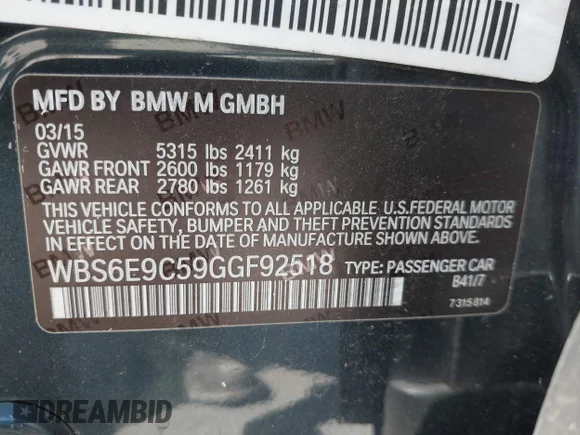 ✅ 2016 BMW M6 • VIN: WBS6E9C59GGF92518 • Lot: 43110328. Listed on IAAI with 104,414 mi. Free auction sales archive from the USA and detailed vehicle history report at DreamBid. Image 9.