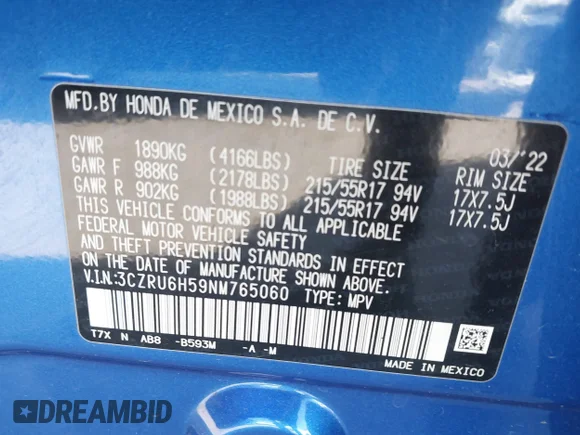 ✅ 2022 Honda HR-V EX • VIN: 3CZRU6H59NM765060 • Lot: 43912542. Wystawiony na IAAI z przebiegiem 60 691 mil. Bezpłatny archiwum sprzedaży aukcyjnych z USA i szczegółowy raport historii pojazdu na DreamBid. Zdjęcie 9.