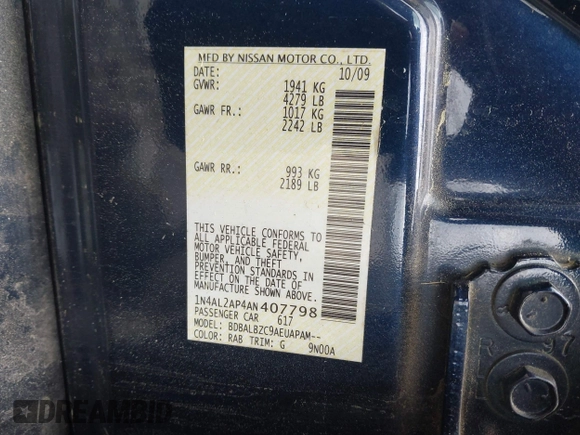 ✅ 2010 Nissan Altima SL • VIN: 1N4AL2AP4AN407798 • Lot: 45125767. Wystawiony na IAAI z przebiegiem 148 837 mil. Bezpłatny archiwum sprzedaży aukcyjnych z USA i szczegółowy raport historii pojazdu na DreamBid. Zdjęcie 9.