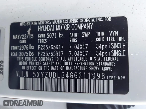 ✅ 2016 Hyundai Santa Fe • VIN: 5XYZUDLB4GG311998 • Лот: 44055424. Опубликован ранее на IAAI с пробегом 109 031 миль. Бесплатный доступ к архиву аукционных продаж из США и подробный отчёт об истории автомобиля на DreamBid. Изображение 9.