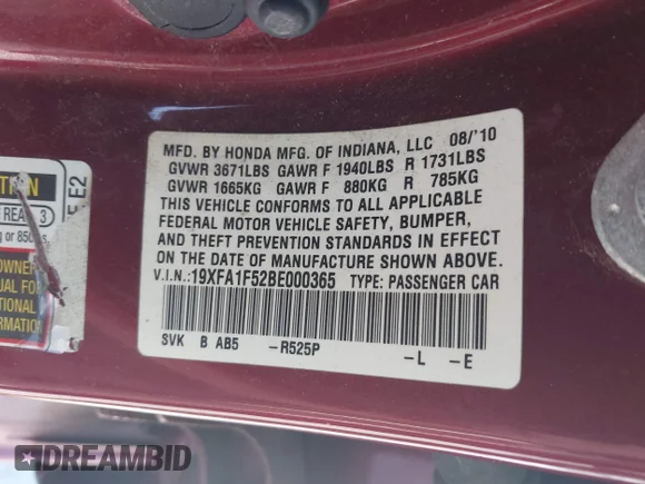 ✅ 2011 Honda Civic LX • VIN: 19XFA1F52BE000365 • Lot: 44133863. Wystawiony na IAAI z przebiegiem 135 507 mil. Bezpłatny archiwum sprzedaży aukcyjnych z USA i szczegółowy raport historii pojazdu na DreamBid. Zdjęcie 9.