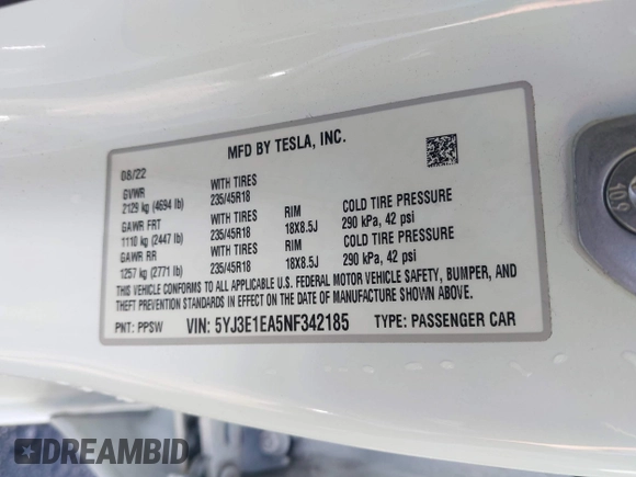 ✅ 2022 Tesla Model 3 • VIN: 5YJ3E1EA5NF342185 • Lot: 44395460. Wystawiony na IAAI z przebiegiem 65 045 mil. Bezpłatny archiwum sprzedaży aukcyjnych z USA i szczegółowy raport historii pojazdu na DreamBid. Zdjęcie 9.