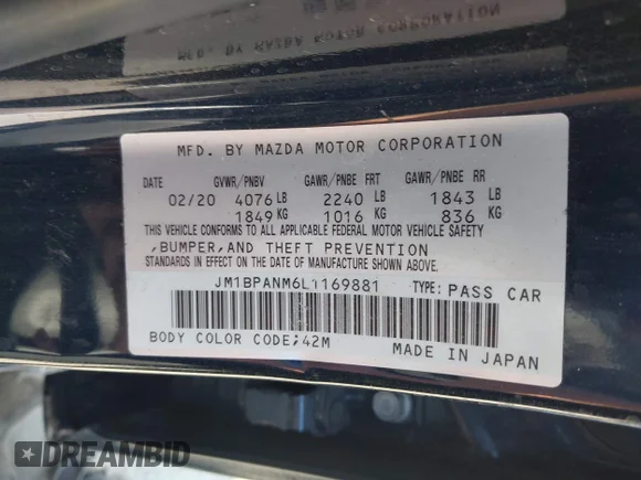 ✅ 2020 Mazda 3 Premium • VIN: JM1BPANM6L1169881 • Lot: 44722891. Wystawiony na IAAI z przebiegiem 50 410 mil. Bezpłatny archiwum sprzedaży aukcyjnych z USA i szczegółowy raport historii pojazdu na DreamBid. Zdjęcie 9.