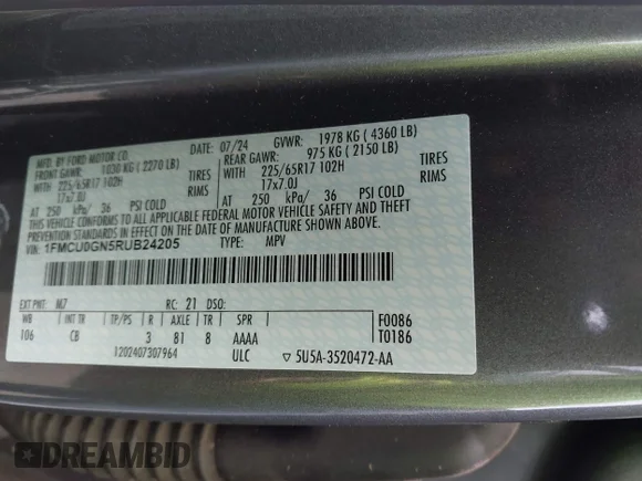 ✅ 2024 Ford Escape Active • VIN: 1FMCU0GN5RUB24205 • Лот: 45186325. Опубліковано раніше на IAAI з пробігом 36 332 миль. Безкоштовний доступ до архіву аукціонних продажів зі США та докладний звіт про історію автомобіля на DreamBid. Зображення 9.