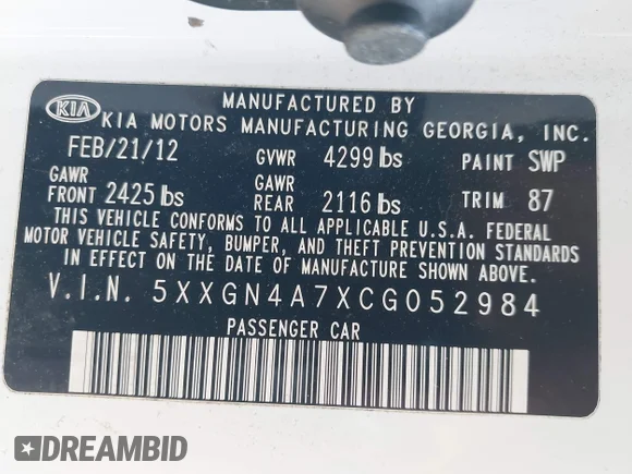✅ 2012 Kia Optima EX • VIN: 5XXGN4A7XCG052984 • Lot: 44693759. Listed on IAAI with 127,751 mi. Free auction sales archive from the USA and detailed vehicle history report at DreamBid. Image 9.
