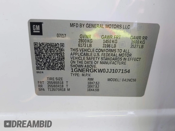 ✅ 2018 Chevrolet Traverse LT Cloth • VIN: 1GNERGKW0JJ107154 • Lot: 43199389. Wystawiony na IAAI z przebiegiem 112 569 mil. Bezpłatny archiwum sprzedaży aukcyjnych z USA i szczegółowy raport historii pojazdu na DreamBid. Zdjęcie 9.
