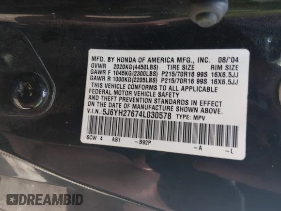 ✅ 2004 Honda Element EX • VIN: 5J6YH27674L030578 • Лот: 45515041. Опубліковано раніше на IAAI з пробігом Не вказано. Безкоштовний доступ до архіву аукціонних продажів зі США та докладний звіт про історію автомобіля на DreamBid. Зображення 9.