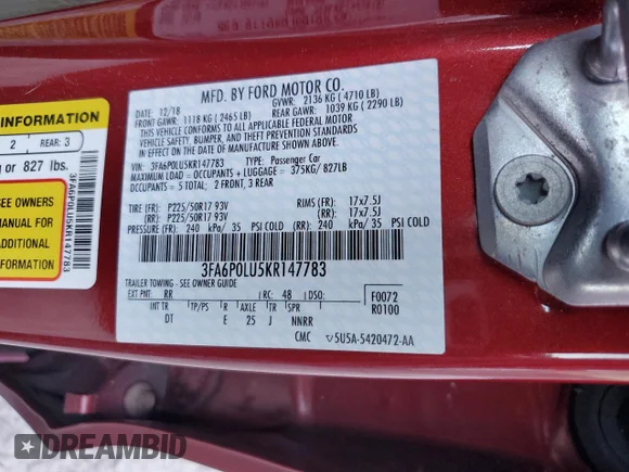 ✅ 2019 Ford Fusion SE • VIN: 3FA6P0LU5KR147783 • Lot: 70667962. Wystawiony na Copart z przebiegiem 60 034 mil. Bezpłatny archiwum sprzedaży aukcyjnych z USA i szczegółowy raport historii pojazdu na DreamBid. Zdjęcie 12.