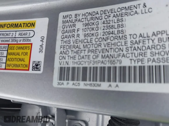 ✅ 2023 Honda Accord EX • VIN: 1HGCY1F31PA016579 • Lot: 44369225. Wystawiony na IAAI z przebiegiem 18 242 mil. Bezpłatny archiwum sprzedaży aukcyjnych z USA i szczegółowy raport historii pojazdu na DreamBid. Zdjęcie 9.