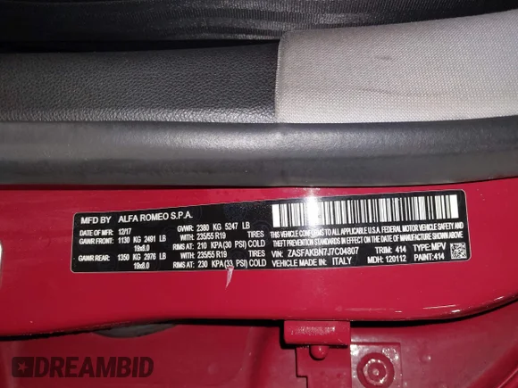 ✅ 2018 Alfa Romeo Stelvio Ti • VIN: ZASFAKBN7J7C04807 • Lot: 41066355. Listed on IAAI with 103,189 mi. Free auction sales archive from the USA and detailed vehicle history report at DreamBid. Image 9.