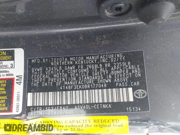 ✅ 2011 Toyota Camry LE • VIN: 4T4BF3EK0BR177048 • Lot: 45184313. Listed on IAAI with Not provided. Free auction sales archive from the USA and detailed vehicle history report at DreamBid. Image 9.