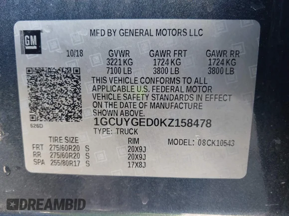 ✅ 2019 Chevrolet Silverado 1500 LTZ • VIN: 1GCUYGED0KZ158478 • Lot: 43637510. Wystawiony na IAAI z przebiegiem 127 638 mil. Bezpłatny archiwum sprzedaży aukcyjnych z USA i szczegółowy raport historii pojazdu na DreamBid. Zdjęcie 9.