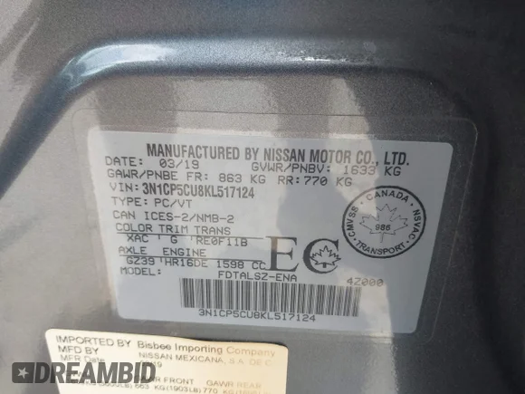 ✅ 2019 Nissan Kicks SR • VIN: 3N1CP5CU8KL517124 • Lot: 45202675. Wystawiony na IAAI z przebiegiem 85 316 mil. Bezpłatny archiwum sprzedaży aukcyjnych z USA i szczegółowy raport historii pojazdu na DreamBid. Zdjęcie 9.