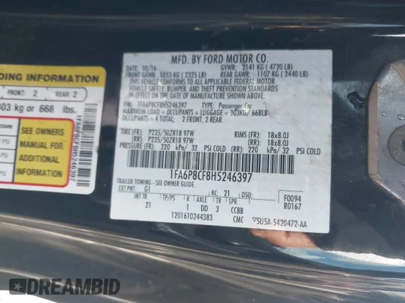 ✅ 2017 Ford Mustang GT Premium • VIN: 1FA6P8CF8H5246397 • Lot: 44497728. Listed on IAAI with 23,897 mi. Free auction sales archive from the USA and detailed vehicle history report at DreamBid. Image 9.