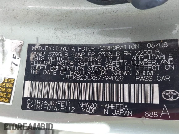 ✅ 2008 Toyota Prius • VIN: JTDKB20UX87799029 • Lot: 45062526. Listed on IAAI with Not provided. Free auction sales archive from the USA and detailed vehicle history report at DreamBid. Image 9.