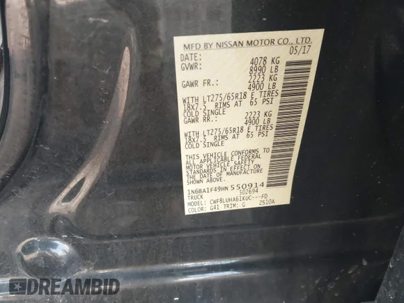 ✅ 2017 Nissan Titan Platinum Reserve • VIN: 1N6BA1F49HN550914 • Lot: 42404119. Wystawiony na IAAI z przebiegiem 106 181 mil. Bezpłatny archiwum sprzedaży aukcyjnych z USA i szczegółowy raport historii pojazdu na DreamBid. Zdjęcie 9.
