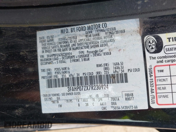 ✅ 2007 Ford Fusion SE • VIN: 3FAHP07ZX7R230924 • Лот: 45188911. Опубликован ранее на IAAI с пробегом 184 755 миль. Бесплатный доступ к архиву аукционных продаж из США и подробный отчёт об истории автомобиля на DreamBid. Изображение 9.
