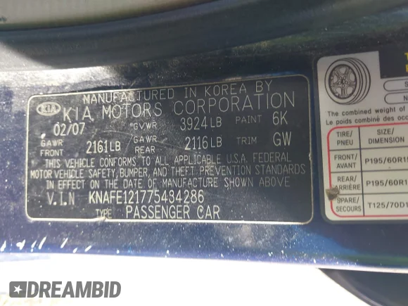 ✅ 2007 Kia Spectra EX • VIN: KNAFE121775434286 • Лот: 43494498. Опубликован ранее на IAAI с пробегом 157 804 миль. Бесплатный доступ к архиву аукционных продаж из США и подробный отчёт об истории автомобиля на DreamBid. Изображение 9.