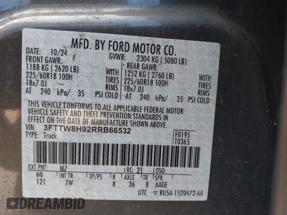 ✅ 2024 Ford Maverick XLT • VIN: 3FTTW8H92RRB66532 • Lot: 44866131. Wystawiony na IAAI z przebiegiem 13 553 mil. Bezpłatny archiwum sprzedaży aukcyjnych z USA i szczegółowy raport historii pojazdu na DreamBid. Zdjęcie 9.