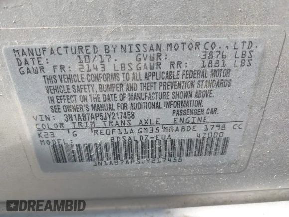 ✅ 2018 Nissan Sentra S • VIN: 3N1AB7AP5JY217458 • Lot: 45202950. Wystawiony na IAAI z przebiegiem 115 673 mil. Bezpłatny archiwum sprzedaży aukcyjnych z USA i szczegółowy raport historii pojazdu na DreamBid. Zdjęcie 9.
