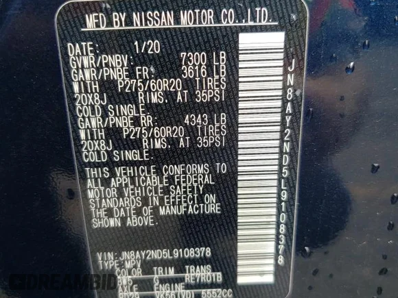 ✅ 2020 Nissan Armada SL • VIN: JN8AY2ND5L9108378 • Lot: 81098334. Wystawiony na Copart z przebiegiem 110 855 mil. Bezpłatny archiwum sprzedaży aukcyjnych z USA i szczegółowy raport historii pojazdu na DreamBid. Zdjęcie 13.