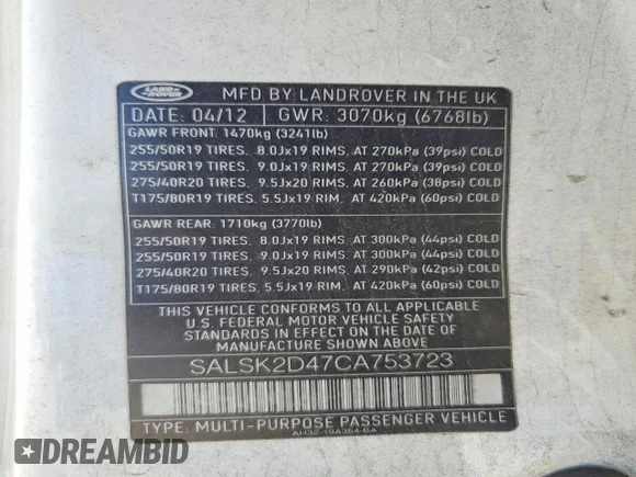 ✅ 2012 Land Rover Range Rover Sport HSE Lux • VIN: SALSK2D47CA753723 • Lot: 57844976. Listed on Copart with 237,316 mi. Free auction sales archive from the USA and detailed vehicle history report at DreamBid. Image 13.