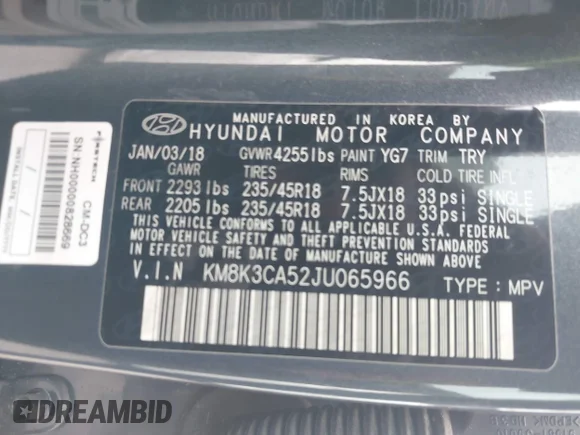 ✅ 2018 Hyundai Kona Limited • VIN: KM8K3CA52JU065966 • Lot: 43955087. Wystawiony na IAAI z przebiegiem 109 758 mil. Bezpłatny archiwum sprzedaży aukcyjnych z USA i szczegółowy raport historii pojazdu na DreamBid. Zdjęcie 9.