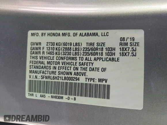 ✅ 2020 Honda Odyssey LX • VIN: 5FNRL6H21LB000294 • Lot: 45315708. Listed on IAAI with 104,589 mi. Free auction sales archive from the USA and detailed vehicle history report at DreamBid. Image 9.