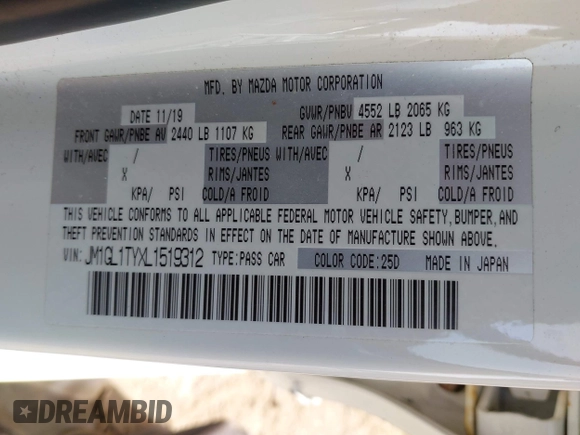 ✅ 2020 Mazda 6 Grand Touring • VIN: JM1GL1TYXL1519312 • Lot: 44983070. Wystawiony na IAAI z przebiegiem 51 921 mil. Bezpłatny archiwum sprzedaży aukcyjnych z USA i szczegółowy raport historii pojazdu na DreamBid. Zdjęcie 9.
