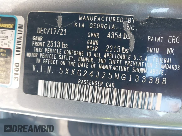 ✅ 2022 Kia K5 LX • VIN: 5XXG24J25NG133388 • Lot: 44160800. Wystawiony na IAAI z przebiegiem 103 380 mil. Bezpłatny archiwum sprzedaży aukcyjnych z USA i szczegółowy raport historii pojazdu na DreamBid. Zdjęcie 9.