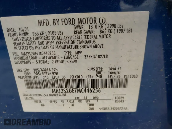 ✅ 2021 Ford EcoSport SE • VIN: MAJ3S2GE7MC446256 • Lot: 41782685. Wystawiony na IAAI z przebiegiem 30 137 mil. Bezpłatny archiwum sprzedaży aukcyjnych z USA i szczegółowy raport historii pojazdu na DreamBid. Zdjęcie 9.