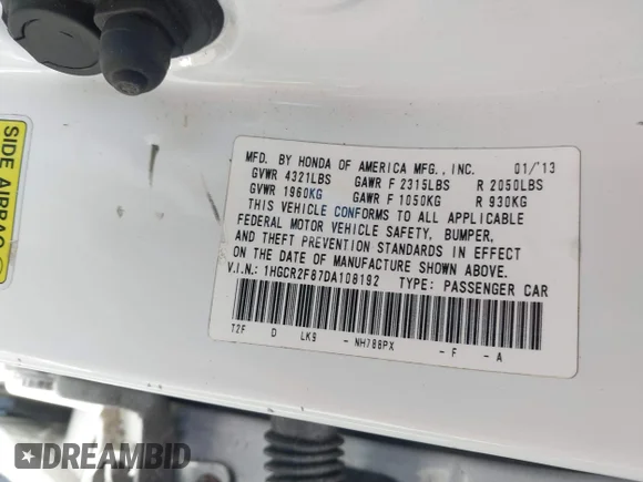 ✅ 2013 Honda Accord EX-L • VIN: 1HGCR2F87DA108192 • Lot: 44306490. Listed on IAAI with 103,113 mi. Free auction sales archive from the USA and detailed vehicle history report at DreamBid. Image 9.