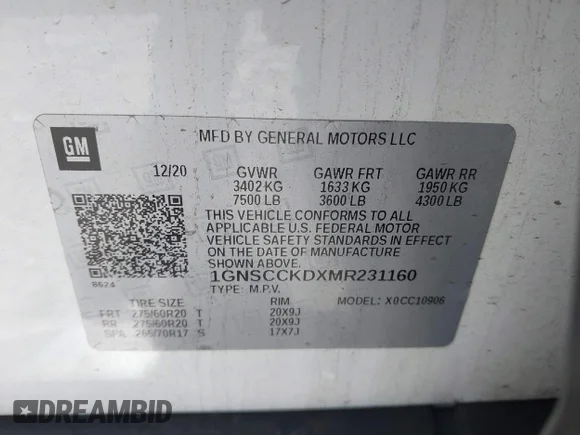 ✅ 2021 Chevrolet Suburban LT • VIN: 1GNSCCKDXMR231160 • Lot: 44260603. Wystawiony na IAAI z przebiegiem 158 436 mil. Bezpłatny archiwum sprzedaży aukcyjnych z USA i szczegółowy raport historii pojazdu na DreamBid. Zdjęcie 9.