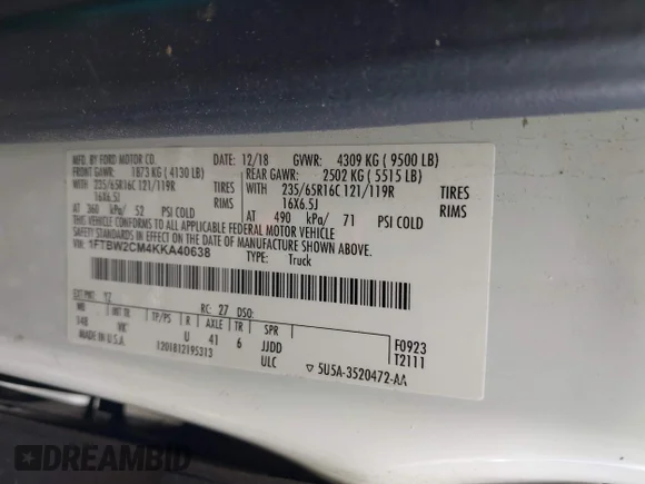 ✅ 2019 Ford Transit • VIN: 1FTBW2CM4KKA40638 • Лот: 43285420. Опубліковано раніше на IAAI з пробігом 97 284 миль. Безкоштовний доступ до архіву аукціонних продажів зі США та докладний звіт про історію автомобіля на DreamBid. Зображення 8.