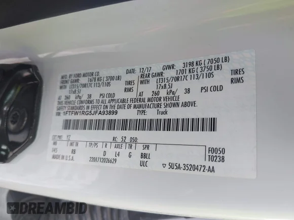 ✅ 2018 Ford F-150 Raptor • VIN: 1FTFW1RG5JFA93899 • Lot: 44192623. Listed on IAAI with 105,295 mi. Free auction sales archive from the USA and detailed vehicle history report at DreamBid. Image 9.