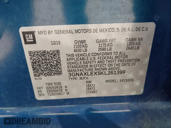 ✅ 2019 Chevrolet Equinox LT • VIN: 3GNAXLEX5KL261399 • Lot: 44466245. Wystawiony na IAAI z przebiegiem 56 812 mil. Bezpłatny archiwum sprzedaży aukcyjnych z USA i szczegółowy raport historii pojazdu na DreamBid. Zdjęcie 9.