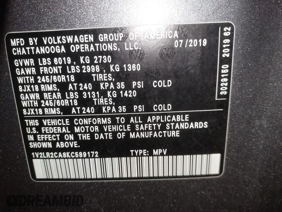 ✅ 2019 Volkswagen Atlas SE • VIN: 1V2LR2CA8KC589172 • Lot: 43913191. Listed on IAAI with 74,663 mi. Free auction sales archive from the USA and detailed vehicle history report at DreamBid. Image 9.