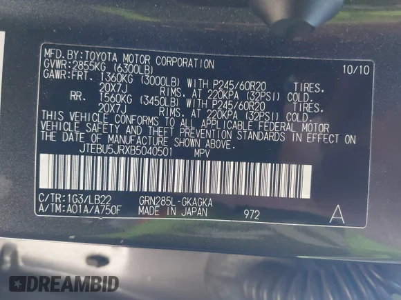 ✅ 2011 Toyota 4Runner Limited • VIN: JTEBU5JRXB5040501 • Lot: 44560949. Listed on IAAI with 87,249 mi. Free auction sales archive from the USA and detailed vehicle history report at DreamBid. Image 9.