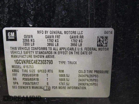 ✅ 2014 Chevrolet Silverado 1500 LT • VIN: 1GCVKREC4EZ303793 • Lot: 44126503. Wystawiony na IAAI z przebiegiem 190 867 mil. Bezpłatny archiwum sprzedaży aukcyjnych z USA i szczegółowy raport historii pojazdu na DreamBid. Zdjęcie 9.
