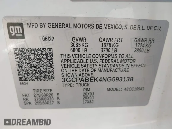 ✅ 2022 Chevrolet Silverado 1500 Custom • VIN: 3GCPABEK4NG593138 • Lot: 43803410. Wystawiony na IAAI z przebiegiem 53 847 mil. Bezpłatny archiwum sprzedaży aukcyjnych z USA i szczegółowy raport historii pojazdu na DreamBid. Zdjęcie 9.
