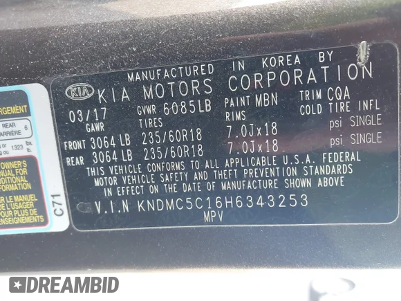 ✅ 2017 Kia Sedona EX • VIN: KNDMC5C16H6343253 • Lot: 43921983. Wystawiony na IAAI z przebiegiem 157 978 mil. Bezpłatny archiwum sprzedaży aukcyjnych z USA i szczegółowy raport historii pojazdu na DreamBid. Zdjęcie 9.