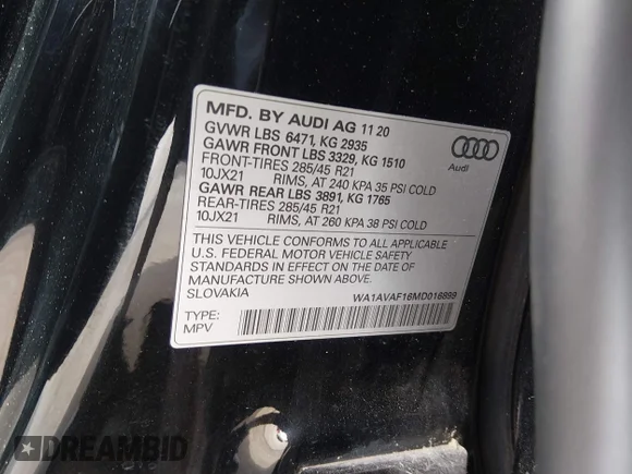 ✅ 2021 Audi Q8 Premium • VIN: WA1AVAF16MD016899 • Lot: 45143255. Wystawiony na IAAI z przebiegiem 106 483 mil. Bezpłatny archiwum sprzedaży aukcyjnych z USA i szczegółowy raport historii pojazdu na DreamBid. Zdjęcie 9.