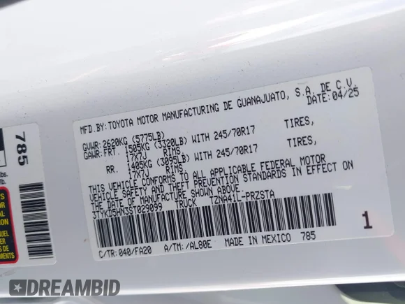✅ 2025 Toyota Tacoma SR • VIN: 3TYKD5HN3ST029099 • Lot: 44511040. Wystawiony na IAAI z przebiegiem 10 818 mil. Bezpłatny archiwum sprzedaży aukcyjnych z USA i szczegółowy raport historii pojazdu na DreamBid. Zdjęcie 9.