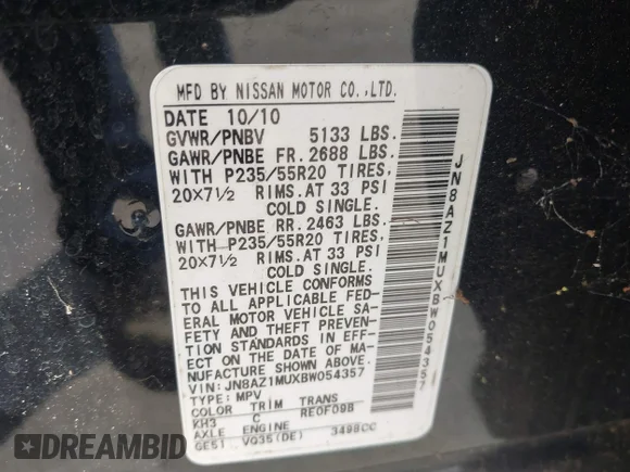 ✅ 2011 Nissan Murano SL • VIN: JN8AZ1MUXBW054357 • Lot: 44771832. Wystawiony na IAAI z przebiegiem 175 242 mil. Bezpłatny archiwum sprzedaży aukcyjnych z USA i szczegółowy raport historii pojazdu na DreamBid. Zdjęcie 9.