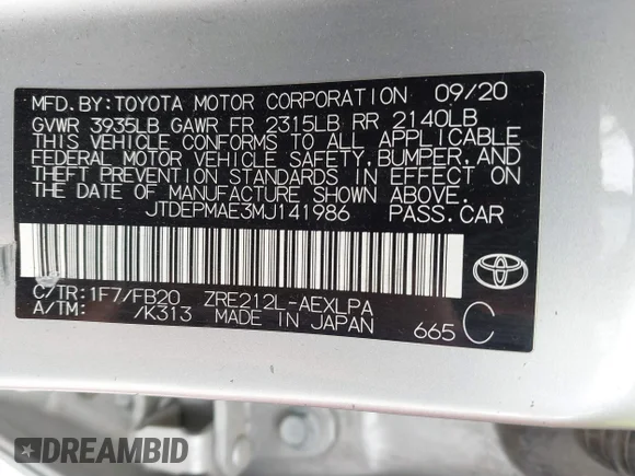 ✅ 2021 Toyota Corolla LE • VIN: JTDEPMAE3MJ141986 • Lot: 44812178. Wystawiony na IAAI z przebiegiem 137 821 mil. Bezpłatny archiwum sprzedaży aukcyjnych z USA i szczegółowy raport historii pojazdu na DreamBid. Zdjęcie 9.