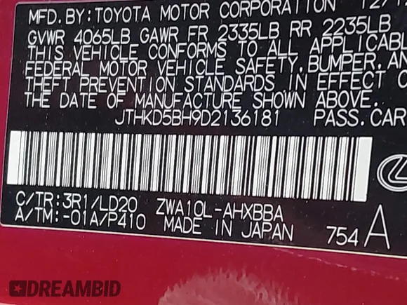 ✅ 2013 Lexus CT 200h • VIN: JTHKD5BH9D2136181 • Lot: 43087291. Listed on IAAI with 171,072 mi. Free auction sales archive from the USA and detailed vehicle history report at DreamBid. Image 9.