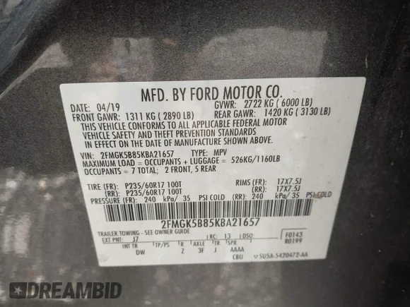 ✅ 2019 Ford Flex SE • VIN: 2FMGK5B85KBA21657 • Lot: 45059147. Listed on IAAI with Not provided. Free auction sales archive from the USA and detailed vehicle history report at DreamBid. Image 9.