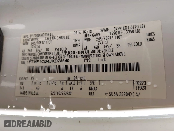 ✅ 2018 Ford F-150 XL • VIN: 1FTMF1CB4JKD78640 • Lot: 43776786. Wystawiony na IAAI z przebiegiem 203 846 mil. Bezpłatny archiwum sprzedaży aukcyjnych z USA i szczegółowy raport historii pojazdu na DreamBid. Zdjęcie 9.