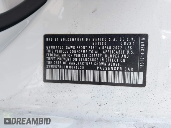 ✅ 2021 Volkswagen Jetta SEL • VIN: 3VWE57BU1MM071739 • Lot: 44837792. Wystawiony na IAAI z przebiegiem Nie podano. Bezpłatny archiwum sprzedaży aukcyjnych z USA i szczegółowy raport historii pojazdu na DreamBid. Zdjęcie 9.